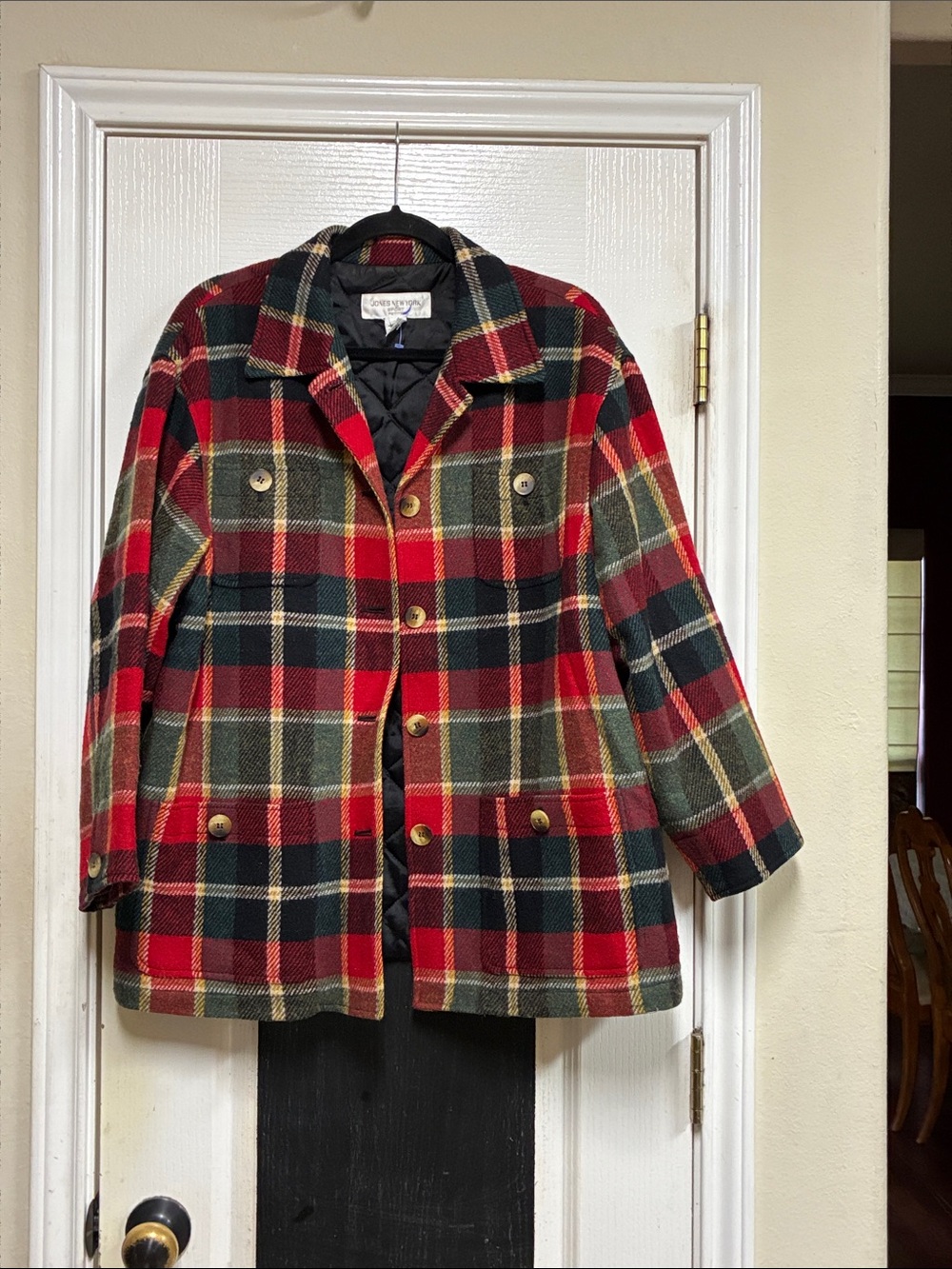 Jones New York Red and Green Plaid Pea Coat